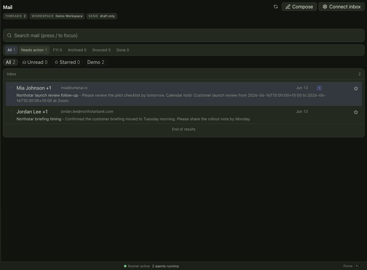 KnewMe mail surface with a clean prioritized inbox