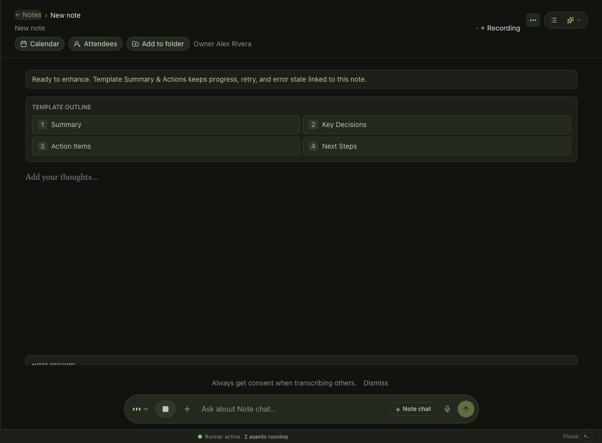 KnewMe recording a note on-device with a live transcript